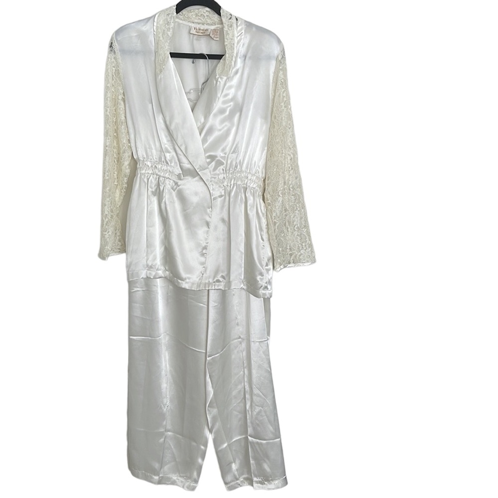 Vintage Victoria Secret Gold Label White Satin Pajamas with lace sleeves